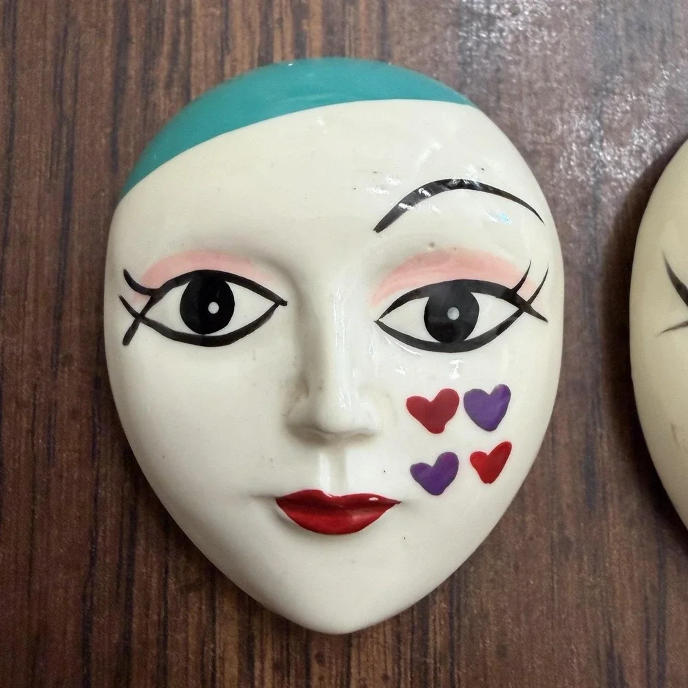 Vintage 1980s Theatrical Face Mask Magnets Set Of 2 Hearts Teardrops